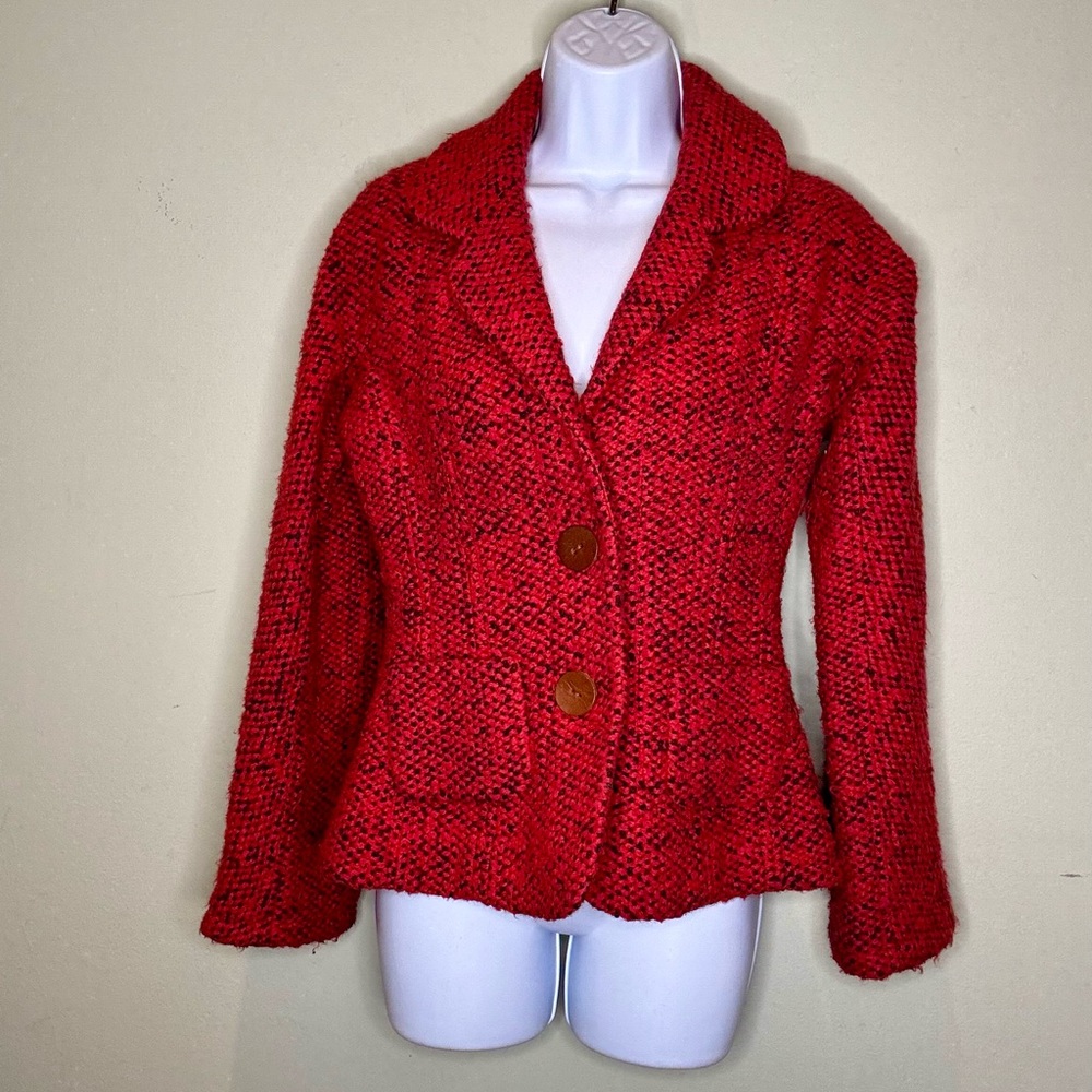 Gregory Parkinson handwoven red and navy pea coat, size 6